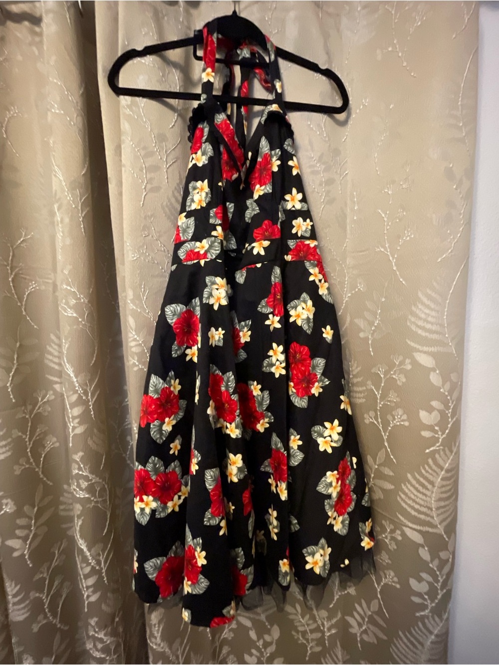 Hot Topic Black Floral Halter Dress with Red and Yellow Accents